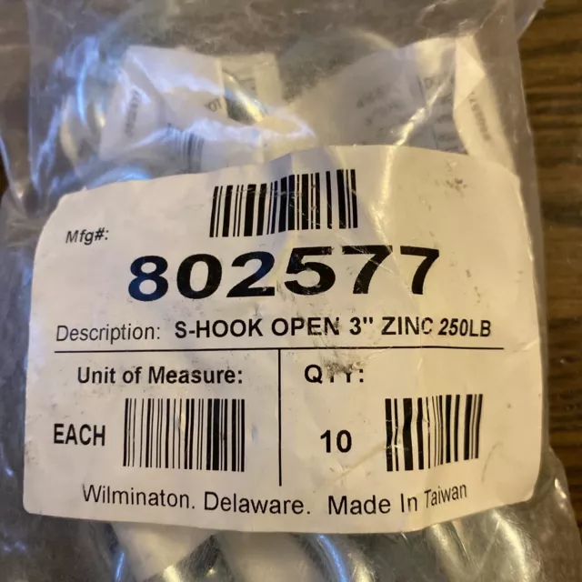 Heavy Duty S-Hooks 3" Long x 1.75" Wide x 5/16" Thick Zinc Plated 10 Pack 250 lb