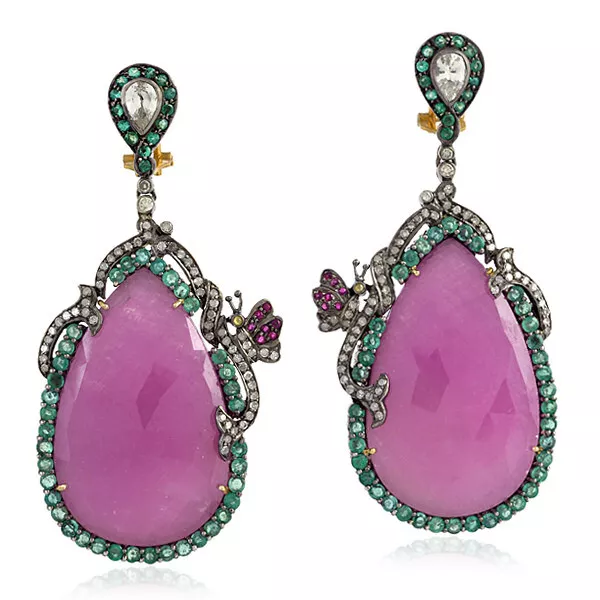 Diamond Ruby Gemstone Dangle Earrings 18k Gold 925 Silver Jewelry