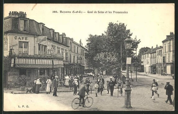 CPA Bezons, Quai de Seine et les Promenades, Partie avec Café