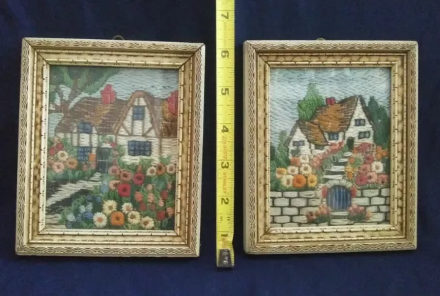 Pair of 2 TWO Vintage Needlepoint, Stitched, Folk Art, in an Antique Frame 1937