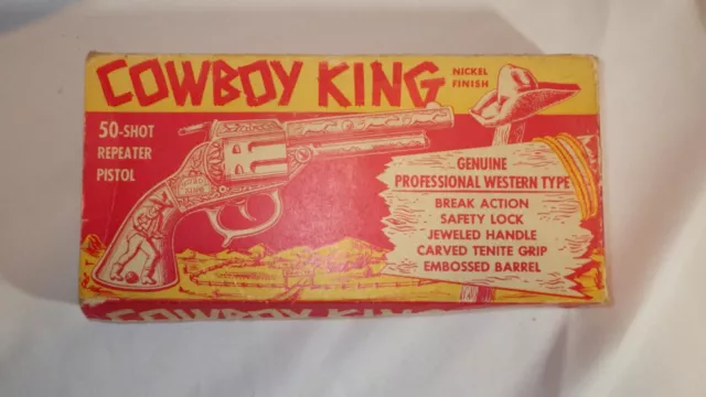 Vintage Stevens COWBOY KING Toy Cap Gun Cast Nickel Repeater Pistol & Box - USA 3