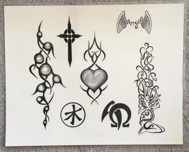 Tattoo Flash Single Sheet Print 11” X 14” Tribal Band Heart Medusa Cross Angel