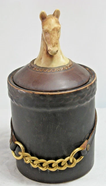 Lego of Japan Ceramic Lidded Jar Horse Head Curb Chain Leather-Like Keepsakes 7"
