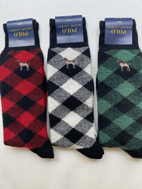 Polo Ralph Lauren mens wool socks 62% wool dog logo diamond pattern Set Of 3