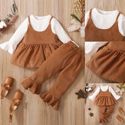 Toddler Kids Baby Girls Suspender Solid Dress Tops Trousers Outfits Set Clothes