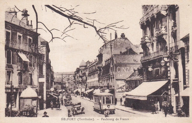 Carte postale ancienne postcard BELFORT faubourg de France tramway pub Cinzan éc