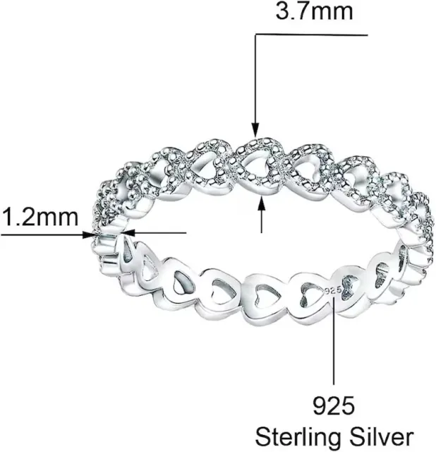 925 Solid Sterling Silver Bezel Hearts Stackable Ring Band for Women & Girls 2