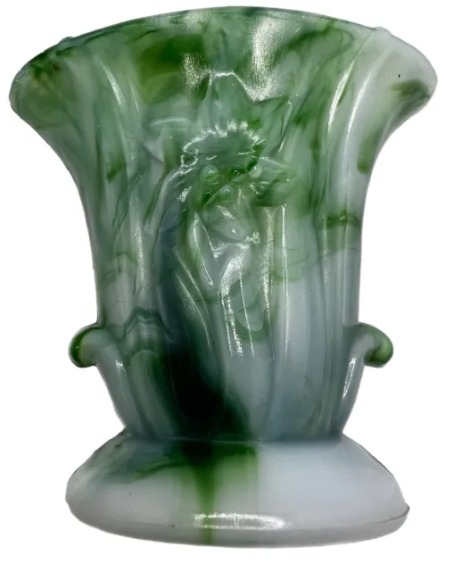 Vintage MCM Green Slag Milk Akro Agate Lily Vase/Urn