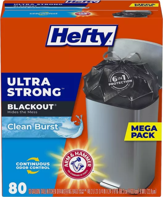 Hefty Ultra Strong Tall Kitchen Trash Bags Blackout Clean Burst 13 Gallon 80 Ct