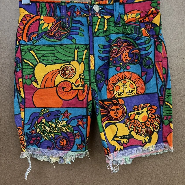 VTG 60s 70s Astrological Signs Cut-off Jean Shorts Talon 42 Zip 25W Hippie Boho