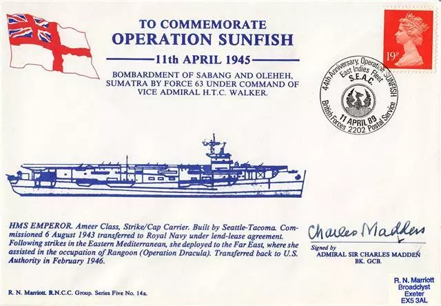 1989 Operation Sunfish - Marriott Cover - Signed by Admiral Sir Charles Madden