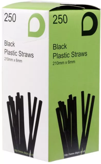 1250 Black Plastic Straws 210mm x 6mm/8” Long 6mm Bore Bendy Straws