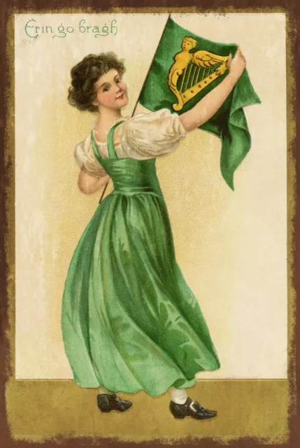 St Patrick's Day Erin go Bragh Vintage Retro Style Metal Sign, lady and flag