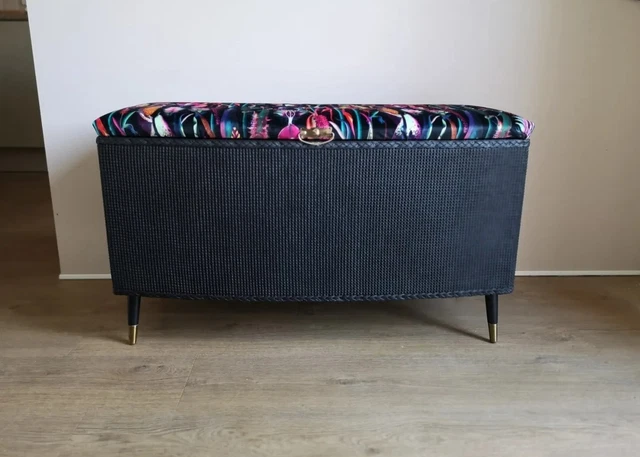 Upcycled lloyd loom style large ottoman storage black with botanical velvet