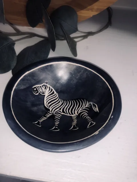 Vintage Small Decorative African Soapstone Bowl Zebra Etched 4" Diameter, Blue