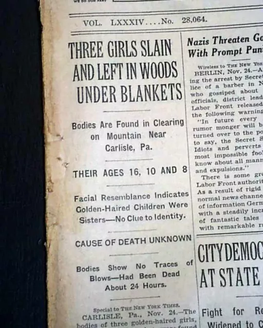 BABES IN THE WOOD MURDERS Girls at Pine Grove Furnace Carlisle PA 1934 Newspaper