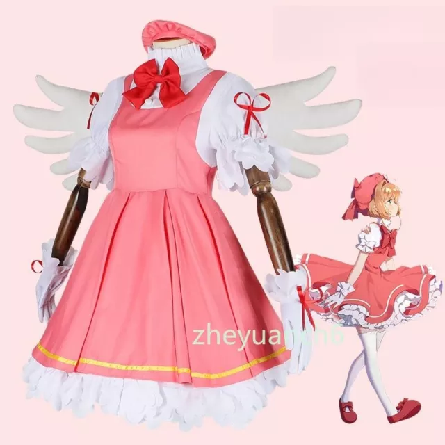 Card Captor Sakura Cosplay Pink Dress Suit Costume Wing Halloween Party Anime