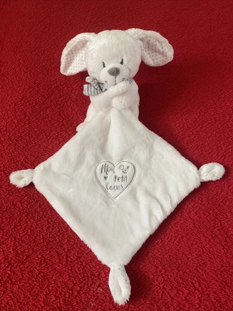 🇫🇷 Doudou Lapin Blanc Écharpe Gris Mouchoir Mon Petit Cœur POMMETTE NEUF