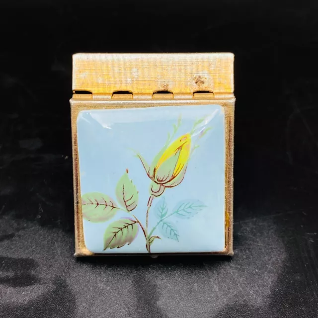 Vintage Yellow Rose Floral Trinket Hand Painted Pill Trinket Box Square