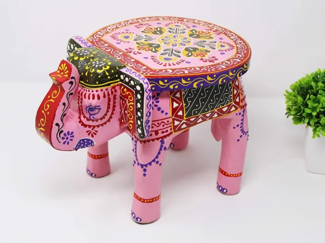 Hand Painted Pink Decorative Wooden Elephant Stool Table Home & Office Decor Art