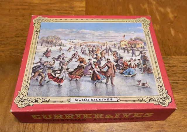 Vintage Box 18 Currier & Ives Christmas Greeting Cards Horses Sleigh Ice Skating