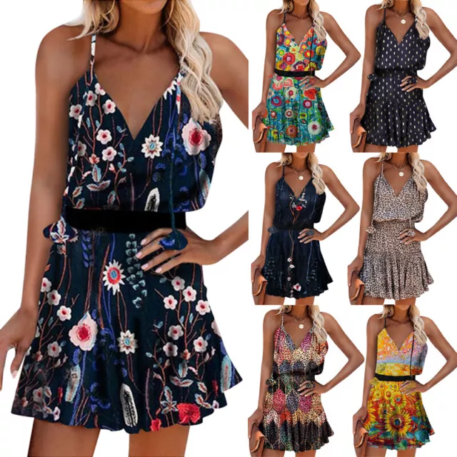 Donna Boho Spiaggia Estiva Mini Abito Donna Vacanza con Bretelline Sexy C ★