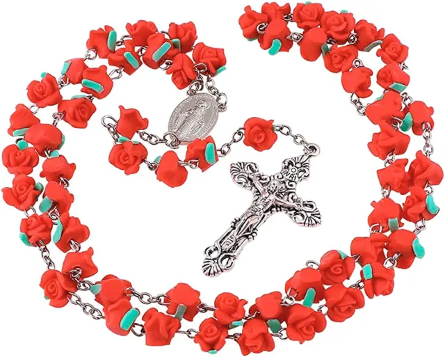 Rosary Beads Rose Necklace Catholic Cross Pendant Crucifix Chain Gift - Red
