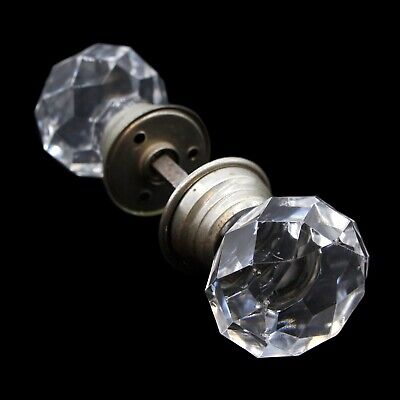 Antique Faceted Glass Doorknob Set with Nickel Rosettes