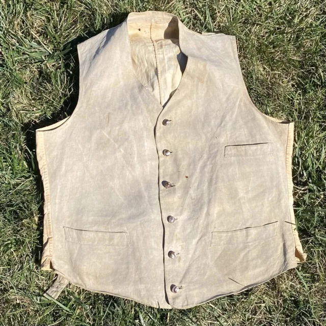 Early 1900s Vest Waistcoat Antique Handmade Glass Buttons Men's French Linen