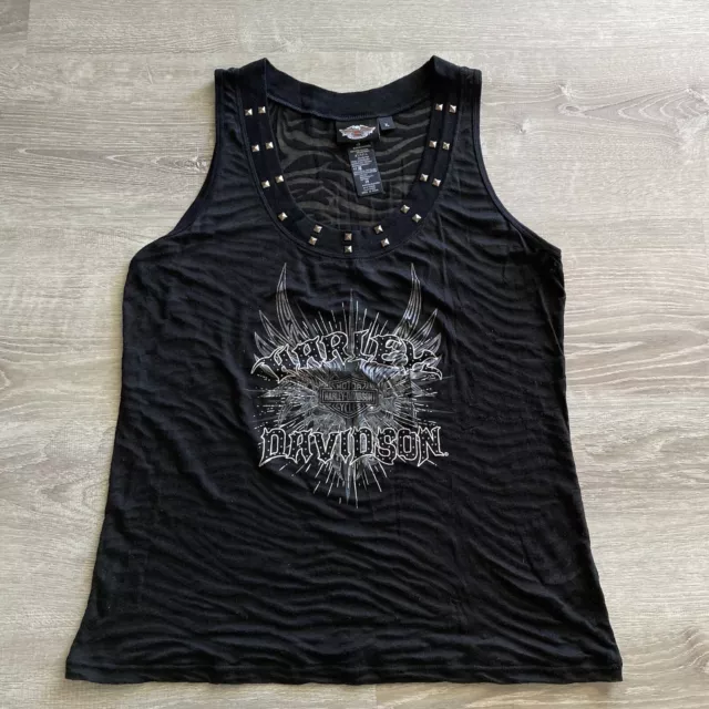 Harley Davidson Tank Top Shirt Womens XL Black Studded Collar Zebra Burnout