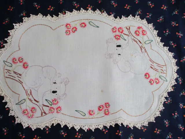 Vintage Linen embroidered doily Koalas