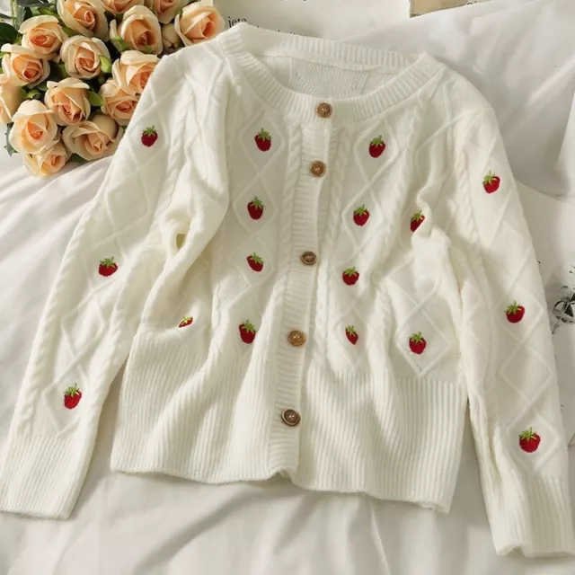 Womens Strawberry Embroidery Cardigans Sweater Knitwear Argyle Sweet Preppy Tops