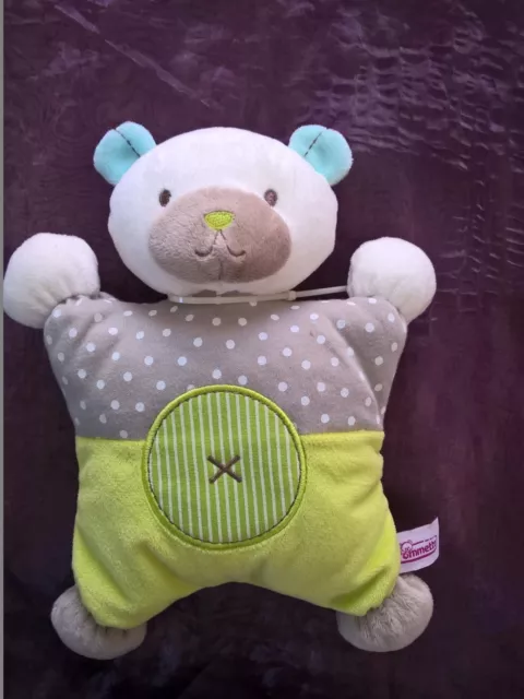 DOUDOU PELUCHE OURS SEMI PLAT VERT GRIS POIS POMMETTE comme neuf