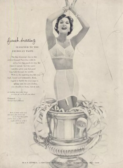 French dressing seasoned to the American taste: Gossard Bra & Girdle ad 1955 Vog