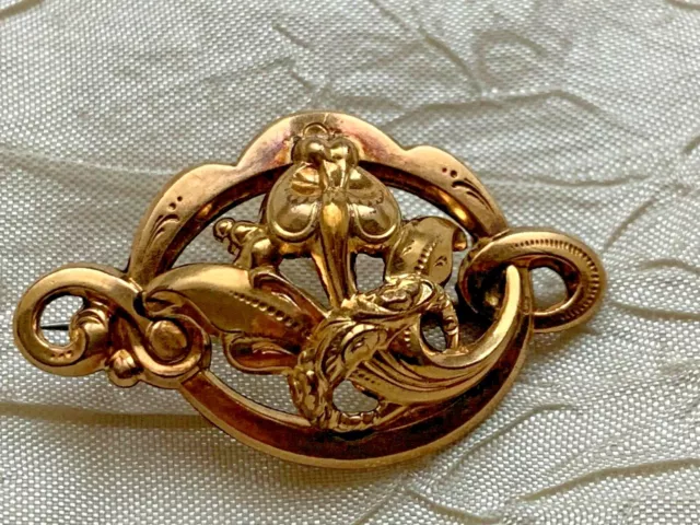 Edwardian French Gold Plated Brooch - Art Nouveau design - 3cm - Hallmark