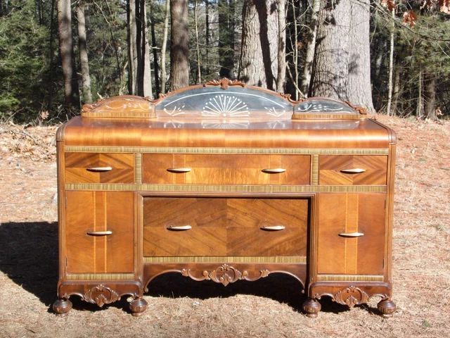 Vintage Walnut Art Deco Waterfall Buffet Server Sideboard Credenza Cabinet