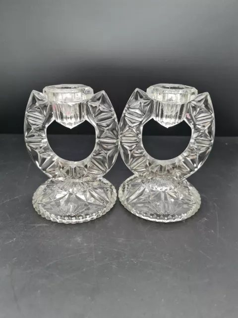 Vintage Glass Candlesticks Pair of Clear Candle Holders Art Deco 1930s Pressed