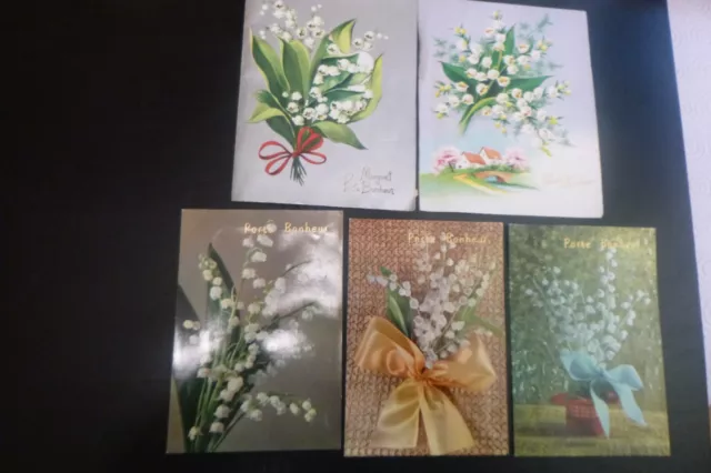 LOT 5 Cartes Postales FANTAISIE Divers avec MUGUET dont 2 Dépliant Relief