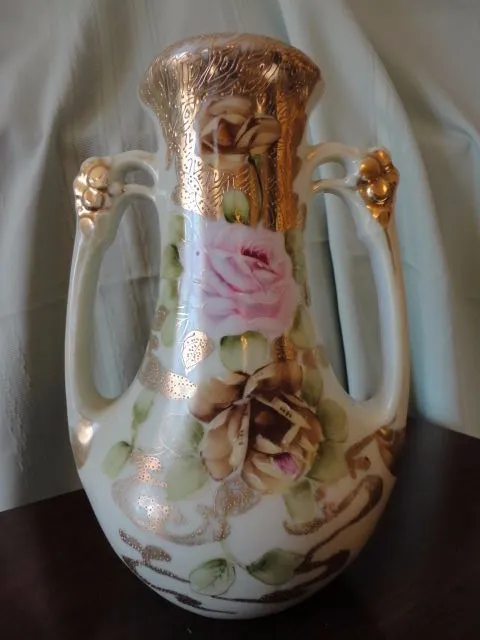 Japan Nippon double Handled Urn Vase Roses w decorative Gold Gild Porcelain