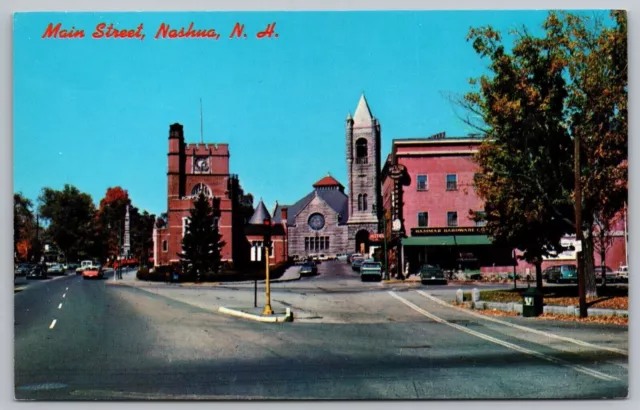 Main Street View Nashua New Hampshire Public Library War Memorial VNG Postcard