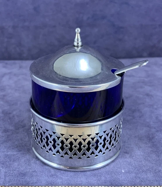 Antique Sterling Silver Mustard Jar with Matching Spoon Cobalt Liner - Webster