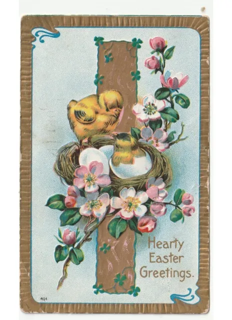 Relief Antique Carte Postale Nid Oeufs Poussins Fleurs Peach Pâques -défauts