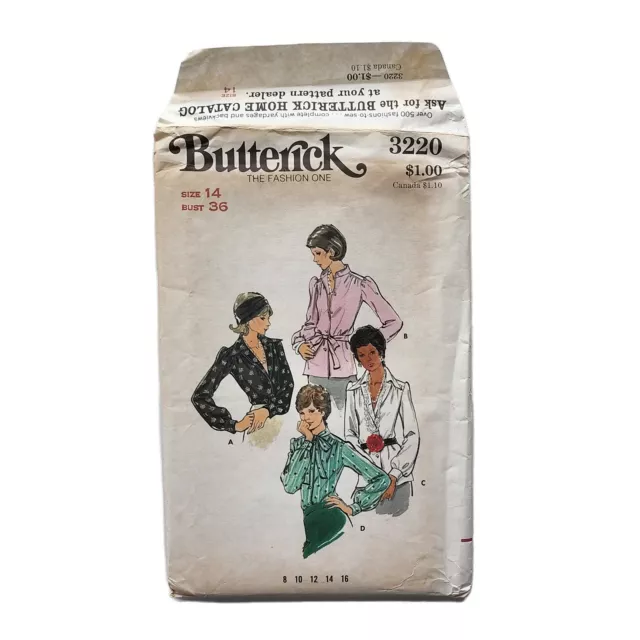 Butterick 3220 Sewing Pattern Misses Blouse Top Size 14 FF Uncut Vintage 1973