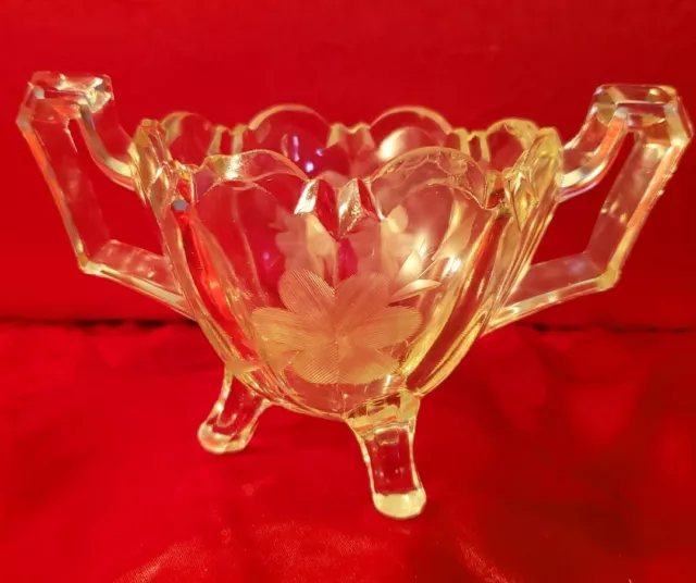 Vintage Art Deco Pressed Glass Sugar Bowl Etched Floral Design Footed early 20th