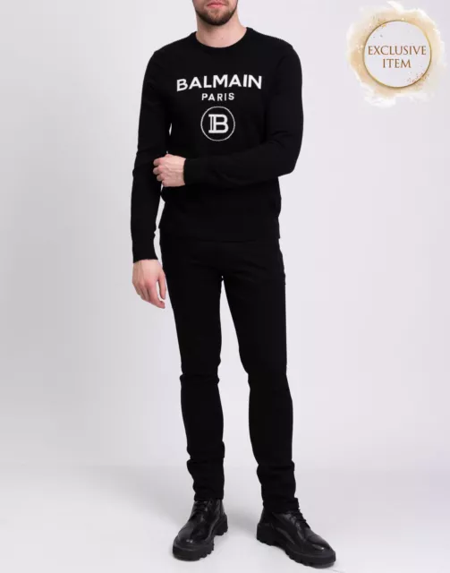 RRP€990 BALMAIN Merino Wool Jumper Size M Thin Logo Intarsia Ribbed Shoulders