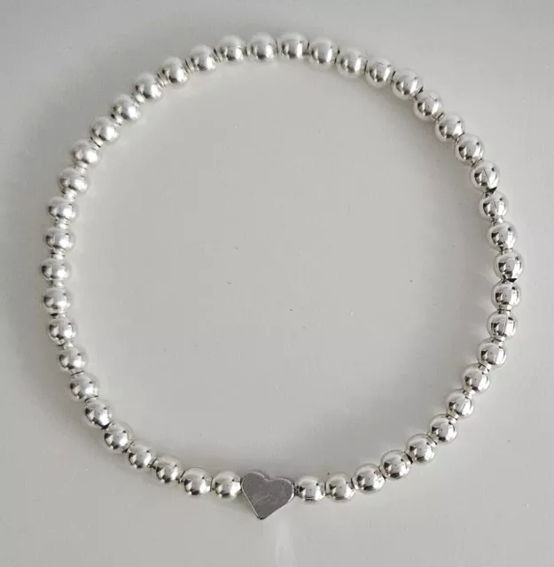 Silver Plated Bead Bracelet with Silver Heart Charm  - 5 Sizes - Stretch / Stack