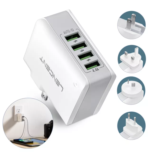 LENCENT Universal Travel Wall Charger US/UK/EU/AU Plug Adapter with 4 USB Ports