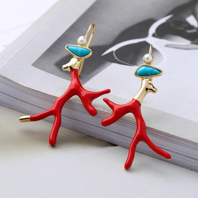 Rare Collier Court Art Déco Doré Motif Branche De Corail Email Rouge Vintage Style Mariage - New Zealand