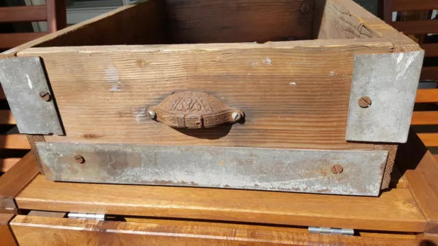 Antique Primitive Industrial Wood & Metal Drawer Box Bin Features Eastlake Pull