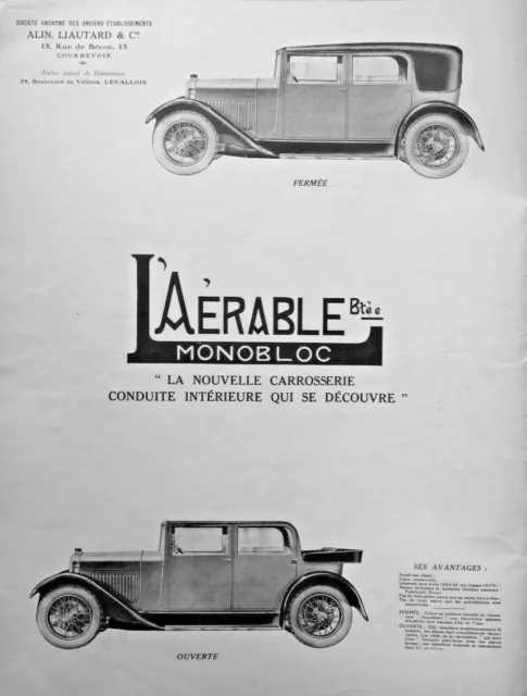 Publicité De Presse 1926 L'aérable Monobloc Carrosserie Conduite Intérieur